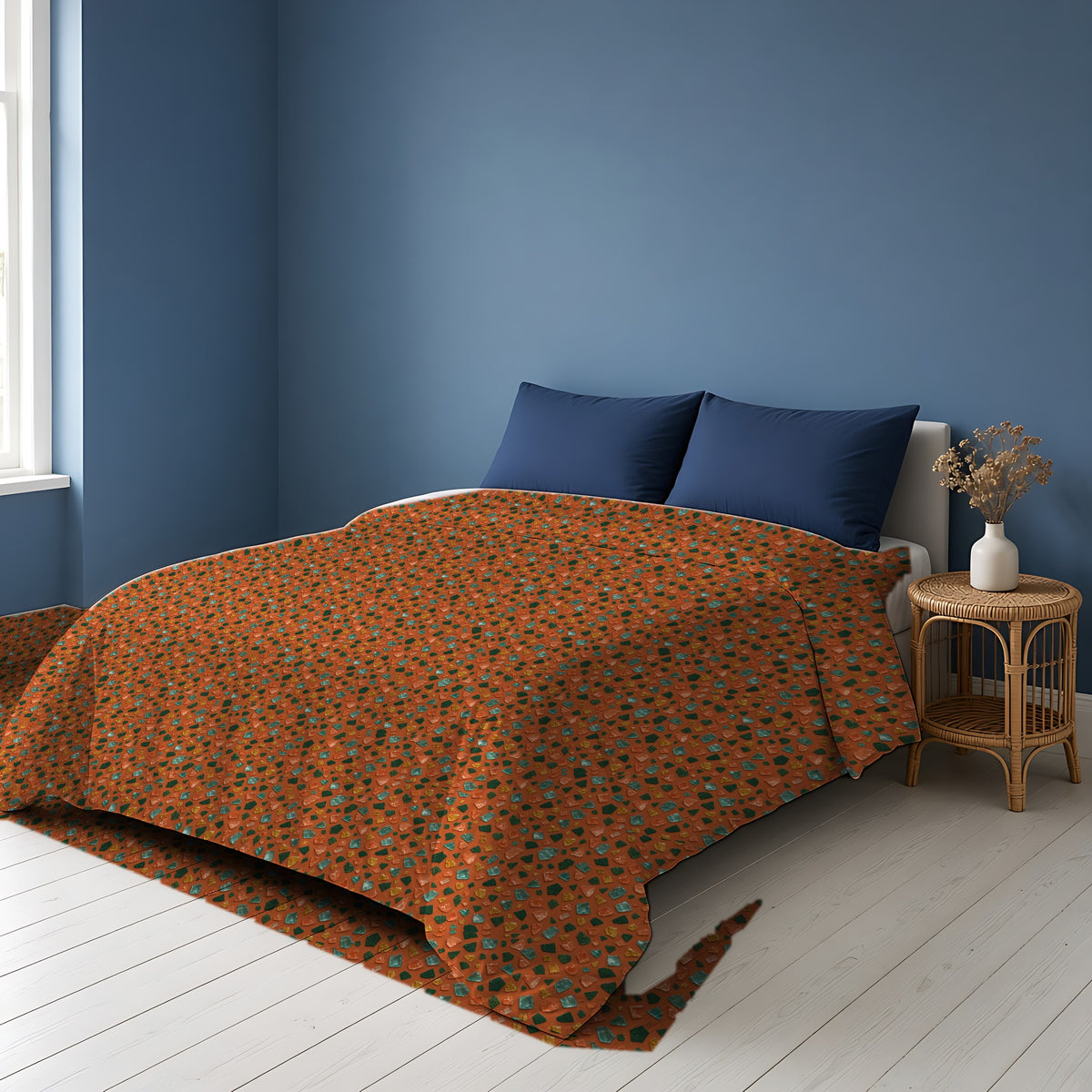 Glass Chip Sheen Cotton Duvet Cover on a bed in a Scandinavian blue bedroom