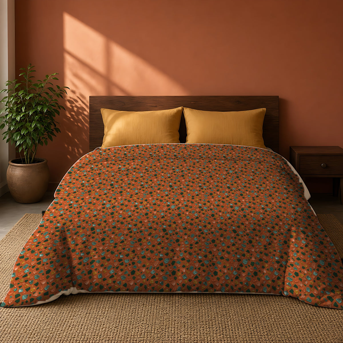 Glass Chip Sheen Cotton Duvet Cover on a king bed against a warm terracotta wall