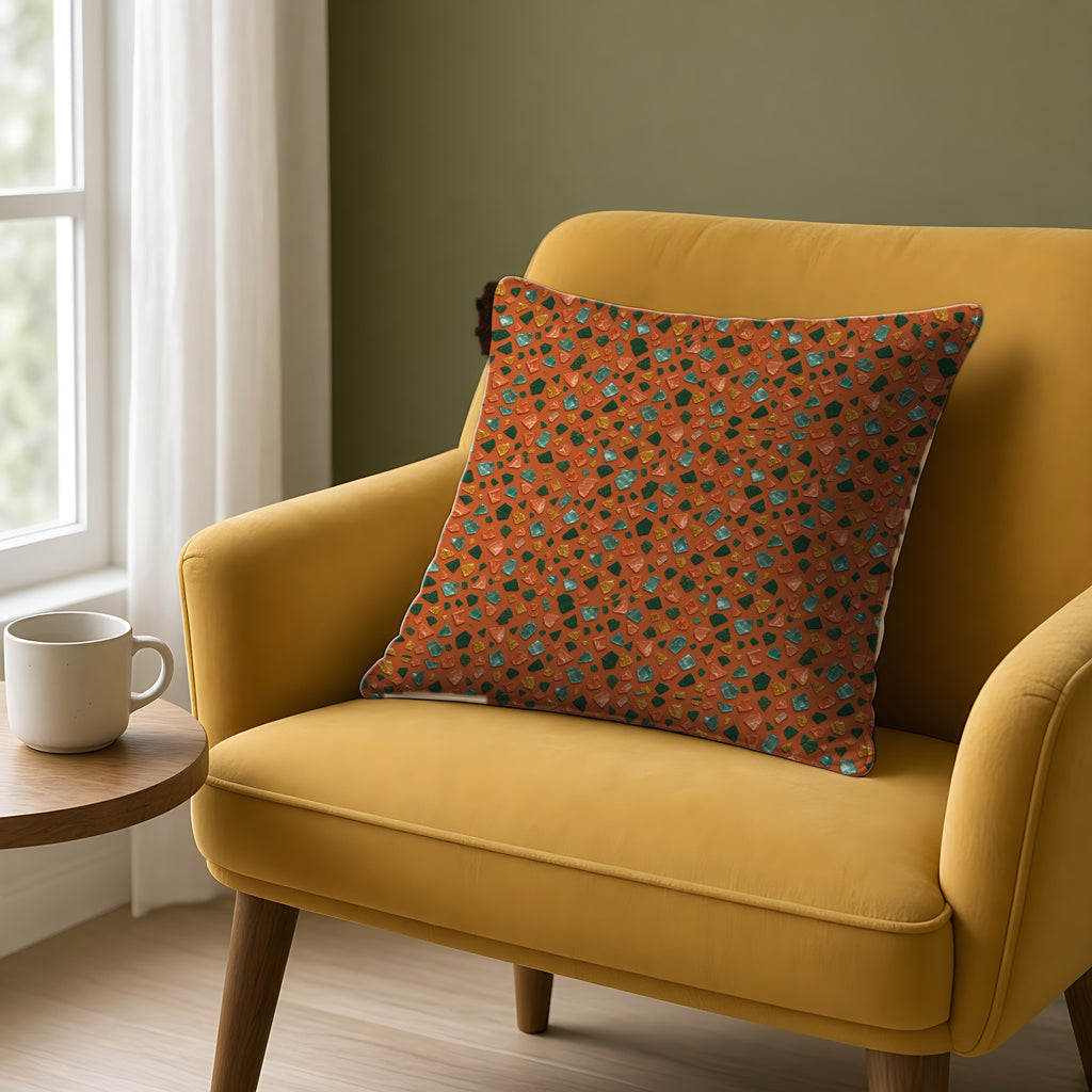 Glass Chip Sheen Faux Suede Cushion on a mustard armchair by a window
