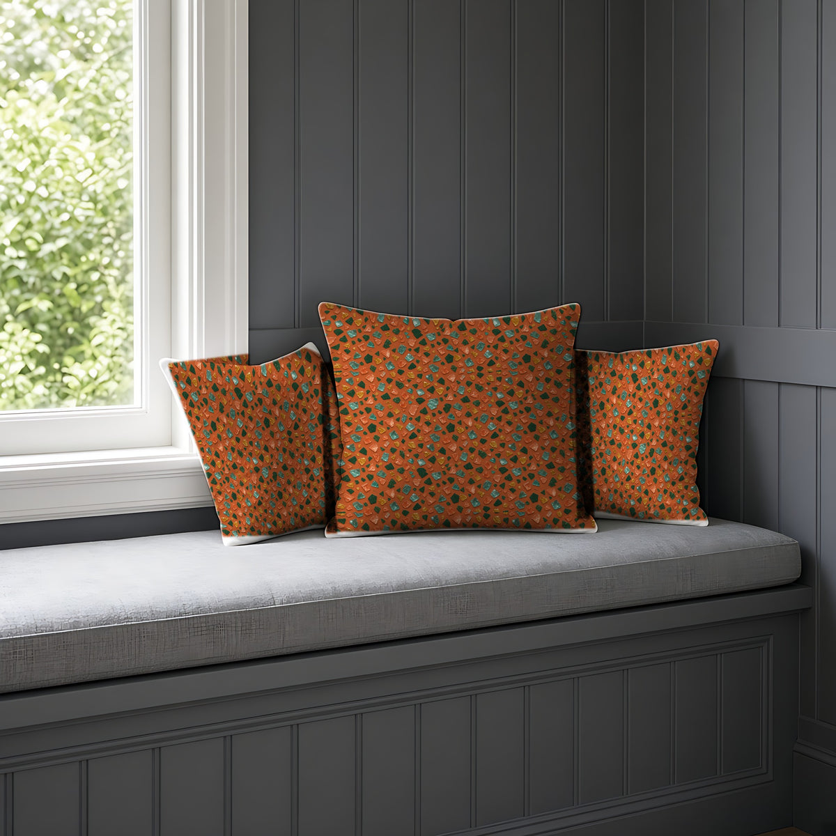 Glass Chip Sheen Faux Suede Cushion on a window seat