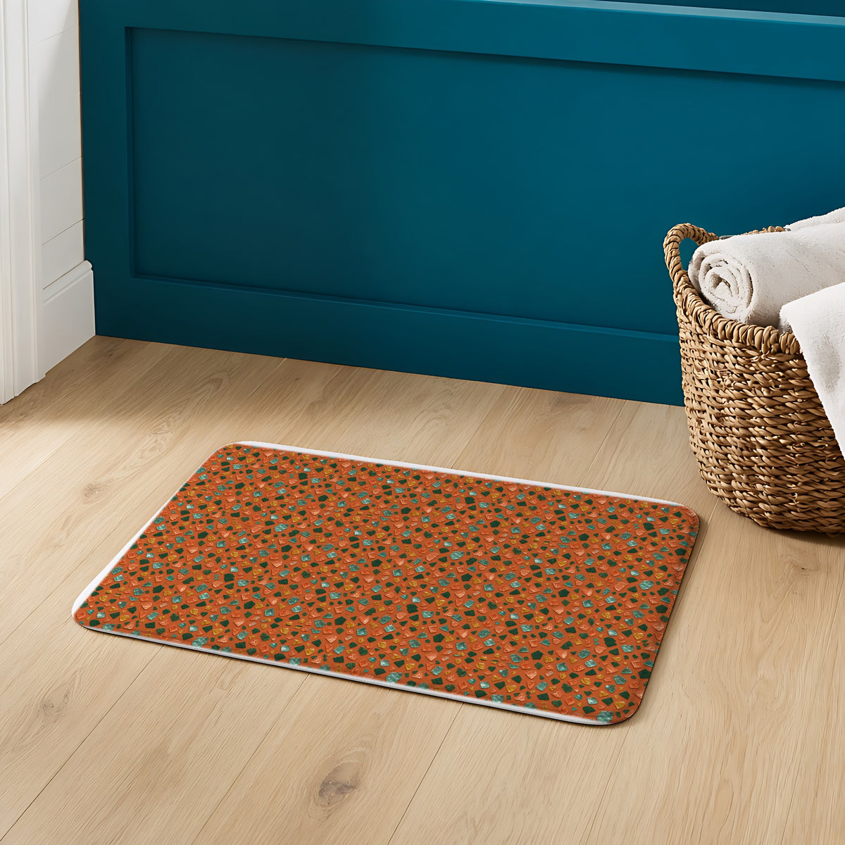 Glass Chip Sheen Bath Mat on an oak floor in a teal bathroom