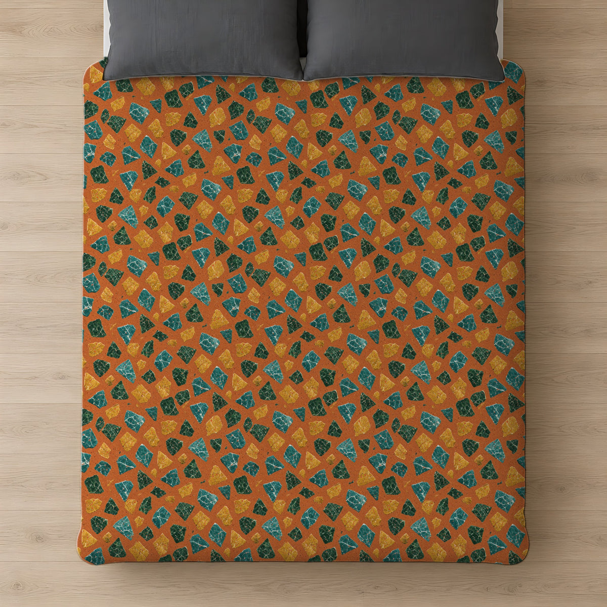 Marble Fragment Toss Cotton Duvet Cover on a bed, seen from above