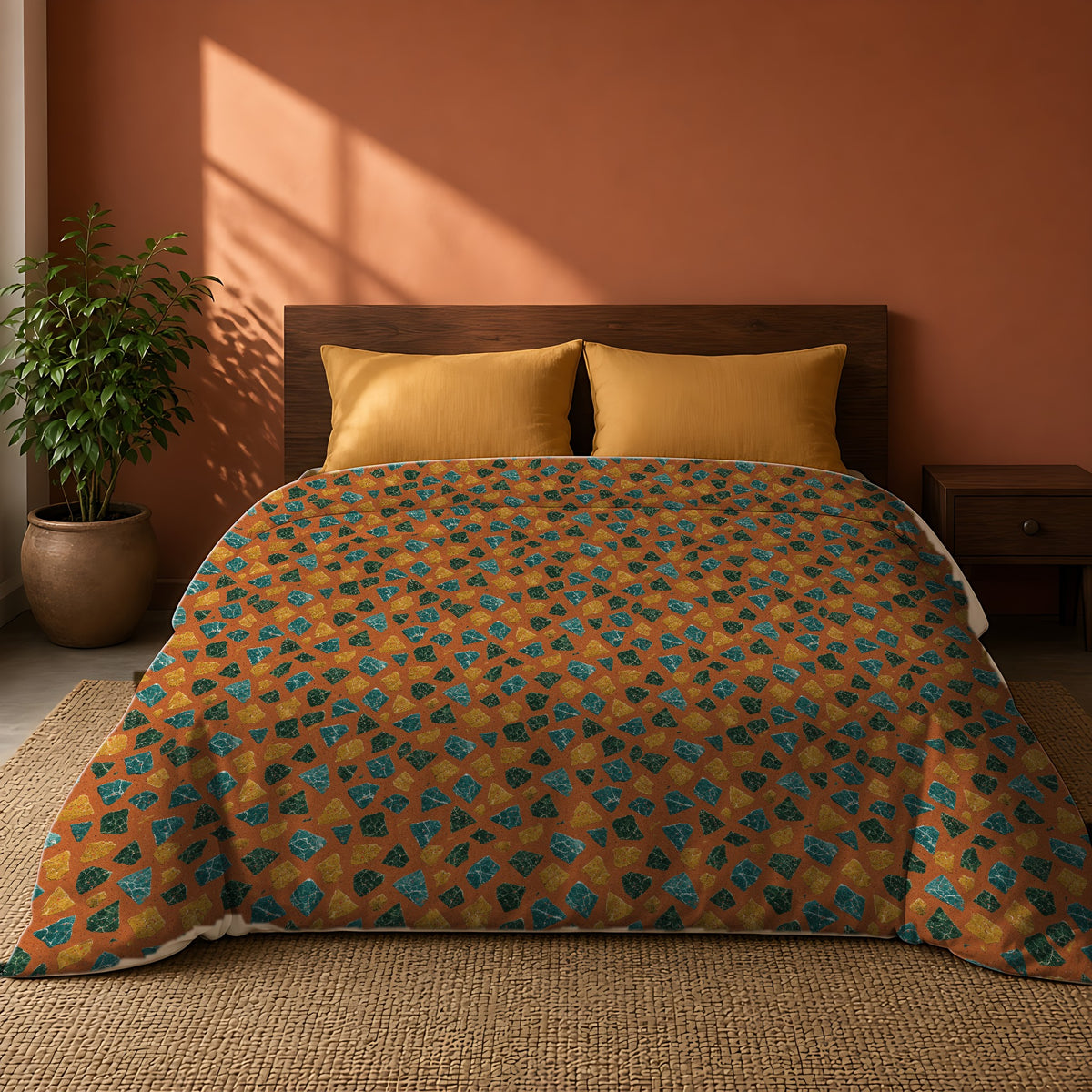 Marble Fragment Toss Cotton Duvet Cover on a king bed against a warm terracotta wall