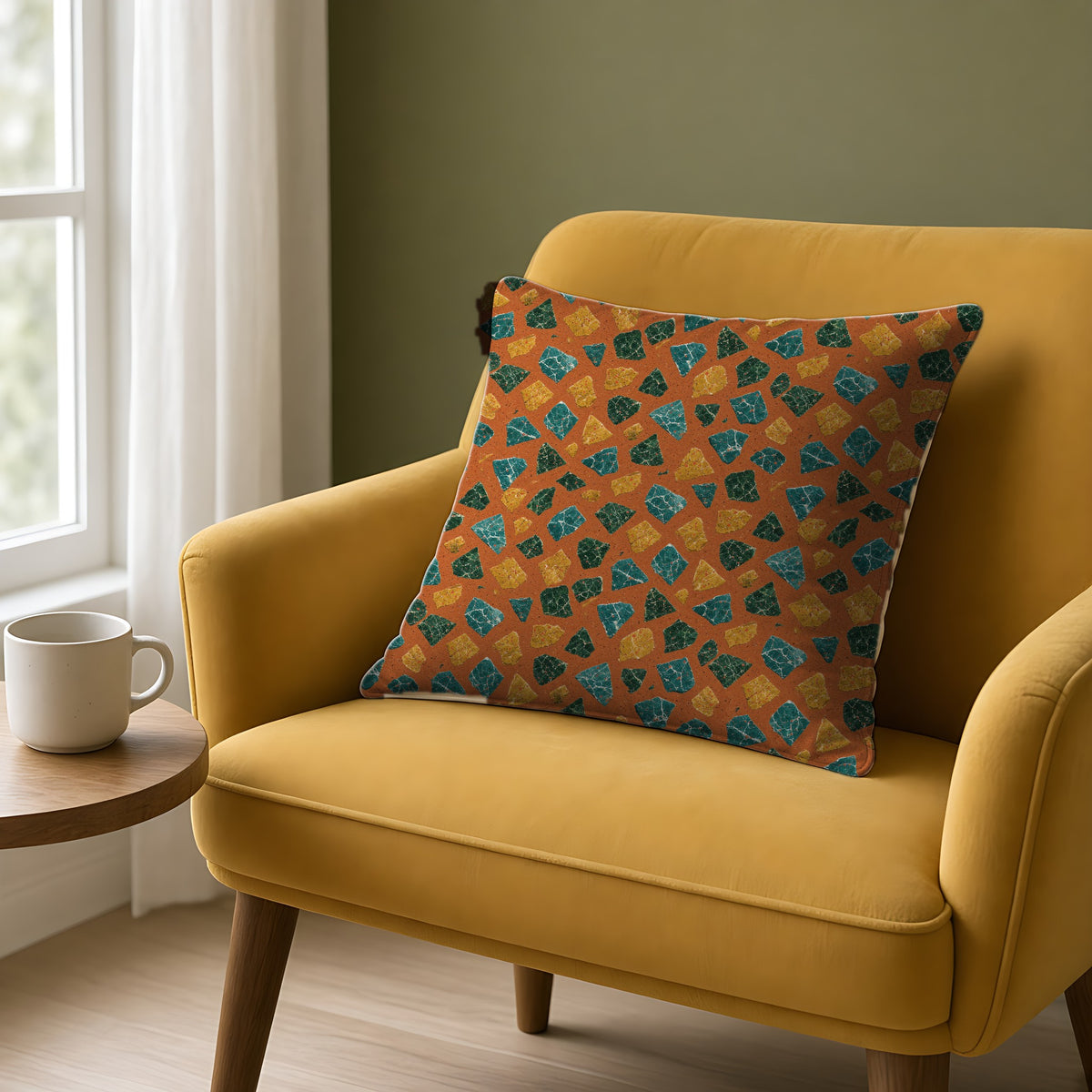 Marble Fragment Toss Faux Suede Cushion on a mustard armchair by a window