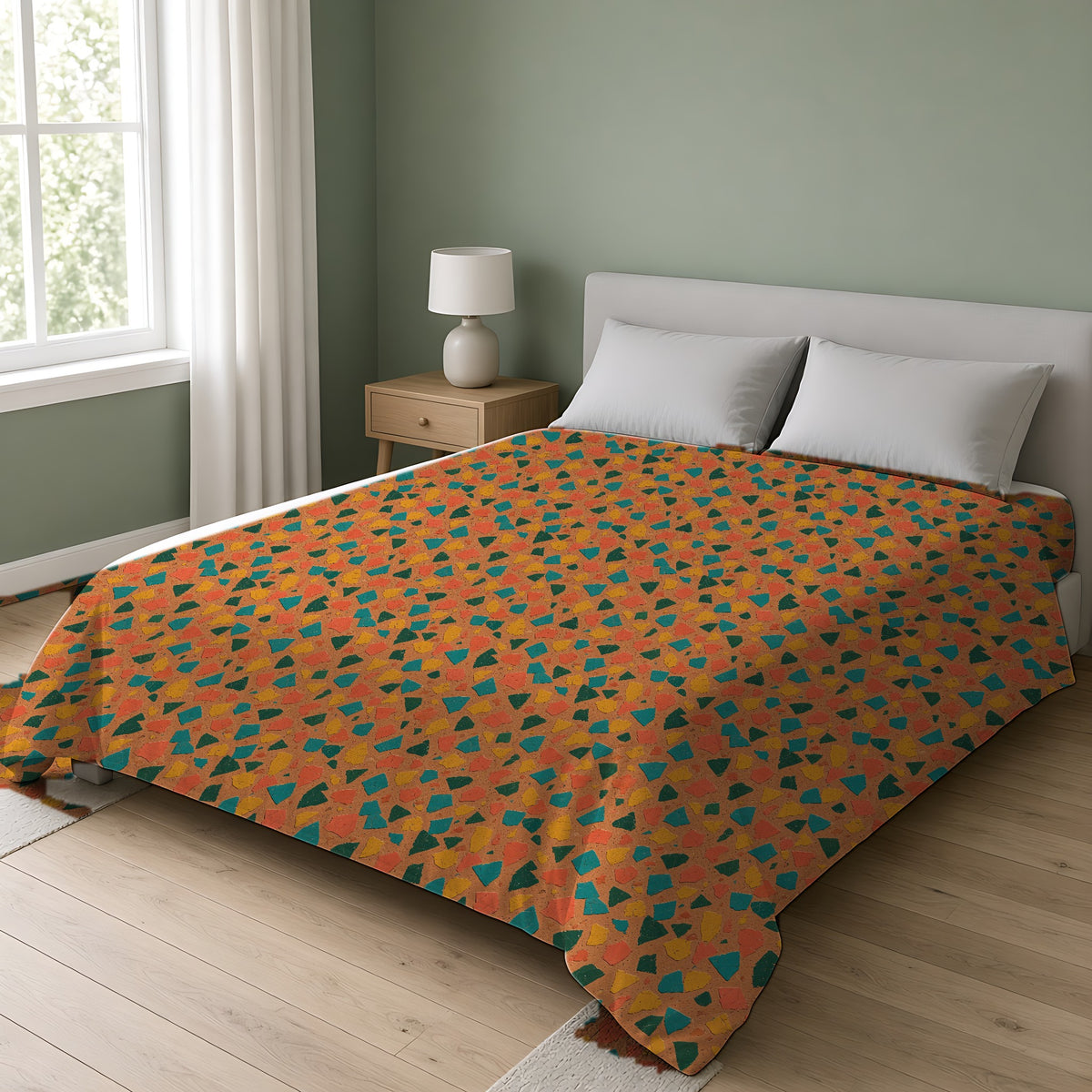 Shattered Tile Shards Cotton Duvet Cover on a double bed in a bright sage-green bedroom