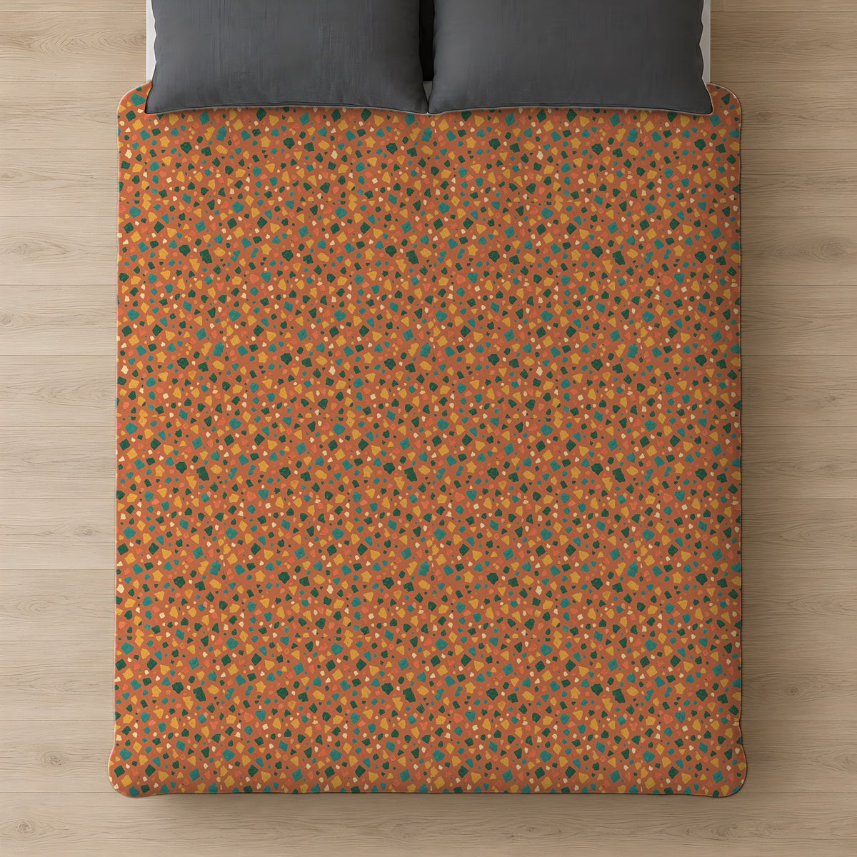 Jewel Chip Terrazzo Cotton Duvet Cover on a bed, seen from above