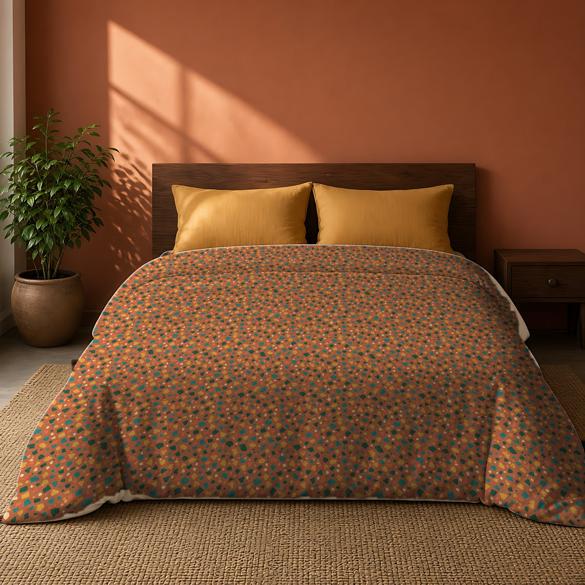Jewel Chip Terrazzo Cotton Duvet Cover on a king bed against a warm terracotta wall