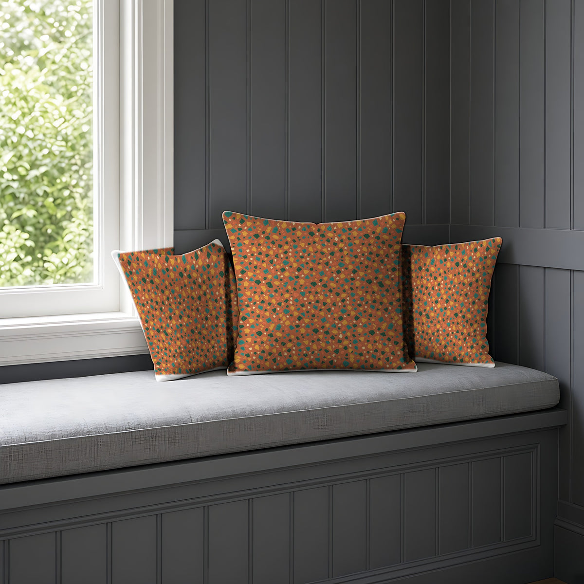 Jewel Chip Terrazzo Faux Suede Cushion on a window seat