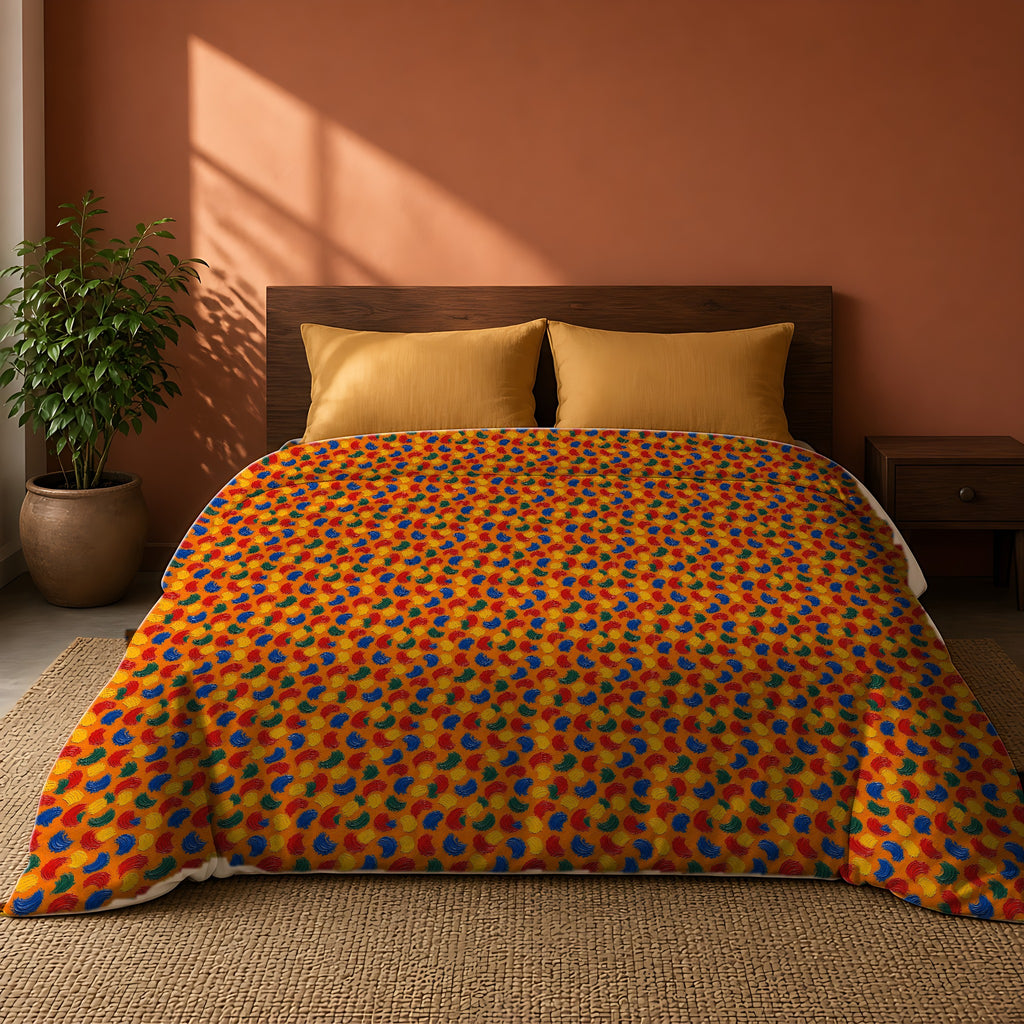 Impasto Swipe Field Cotton Duvet Cover on a king bed against a warm terracotta wall