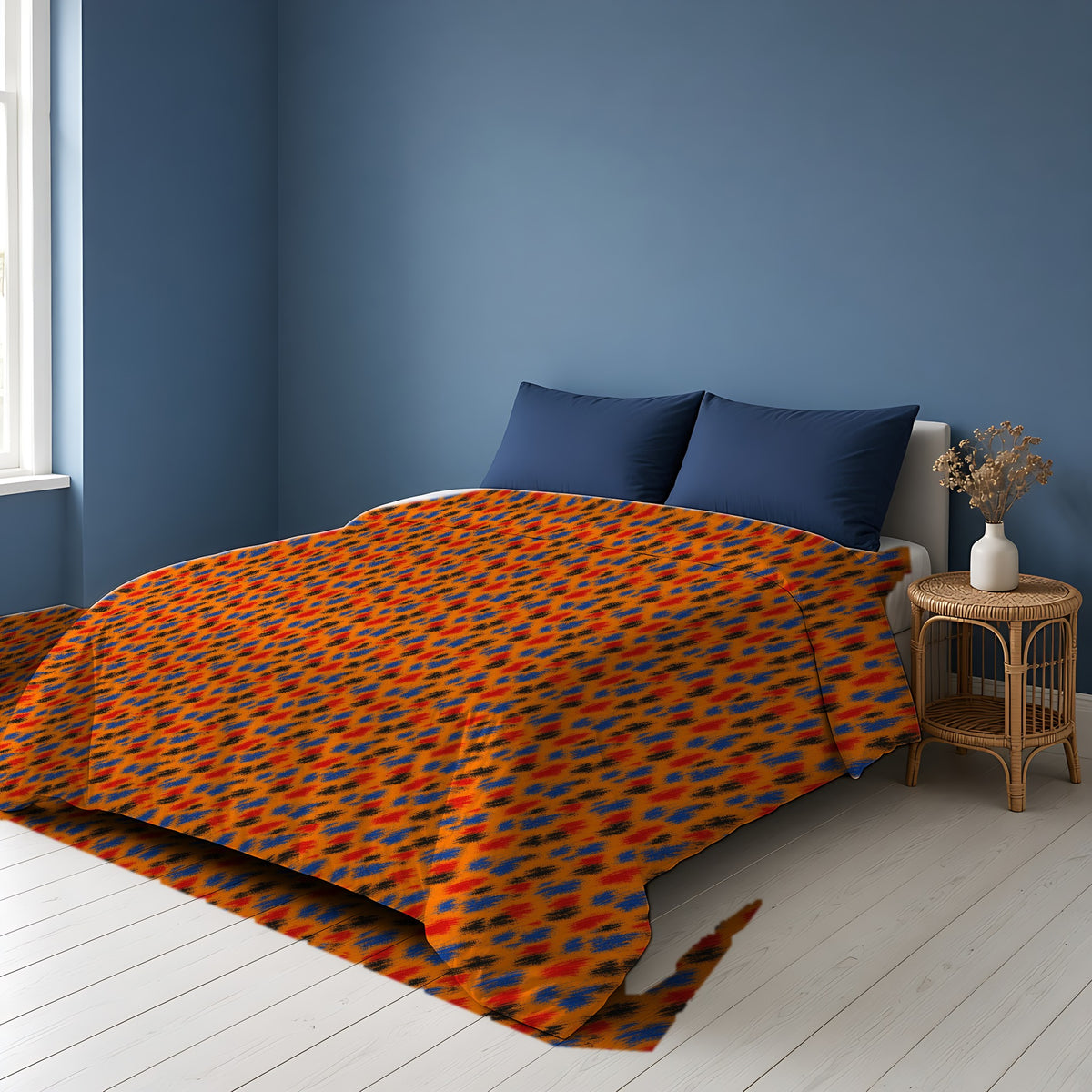 Dry-Brush Drags Comforter on a bed in a Scandinavian blue bedroom