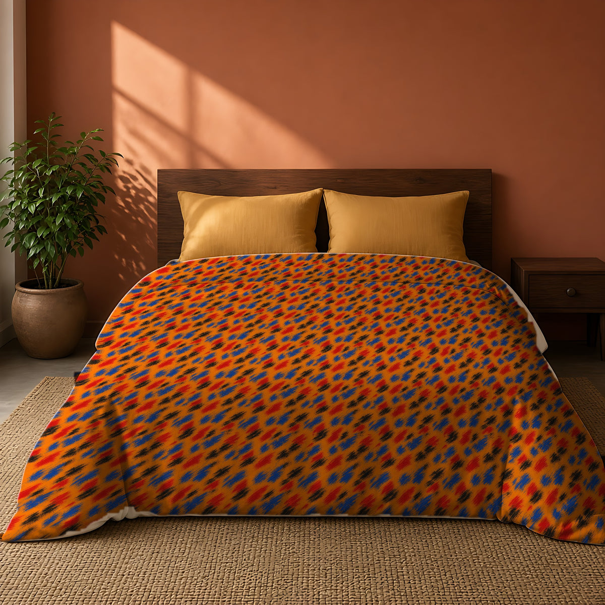 Dry-Brush Drags Cotton Duvet Cover on a king bed against a warm terracotta wall