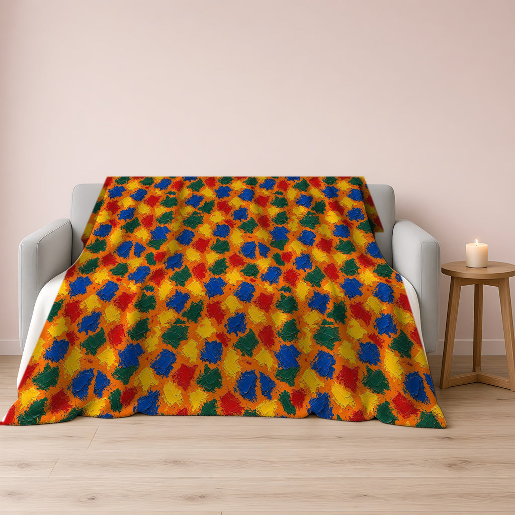 Palette Knife Slabs Sherpa Fleece Blanket draped over a grey sofa