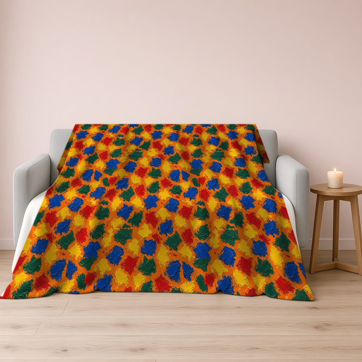 Palette Knife Slabs Sherpa Fleece Blanket draped over a grey sofa