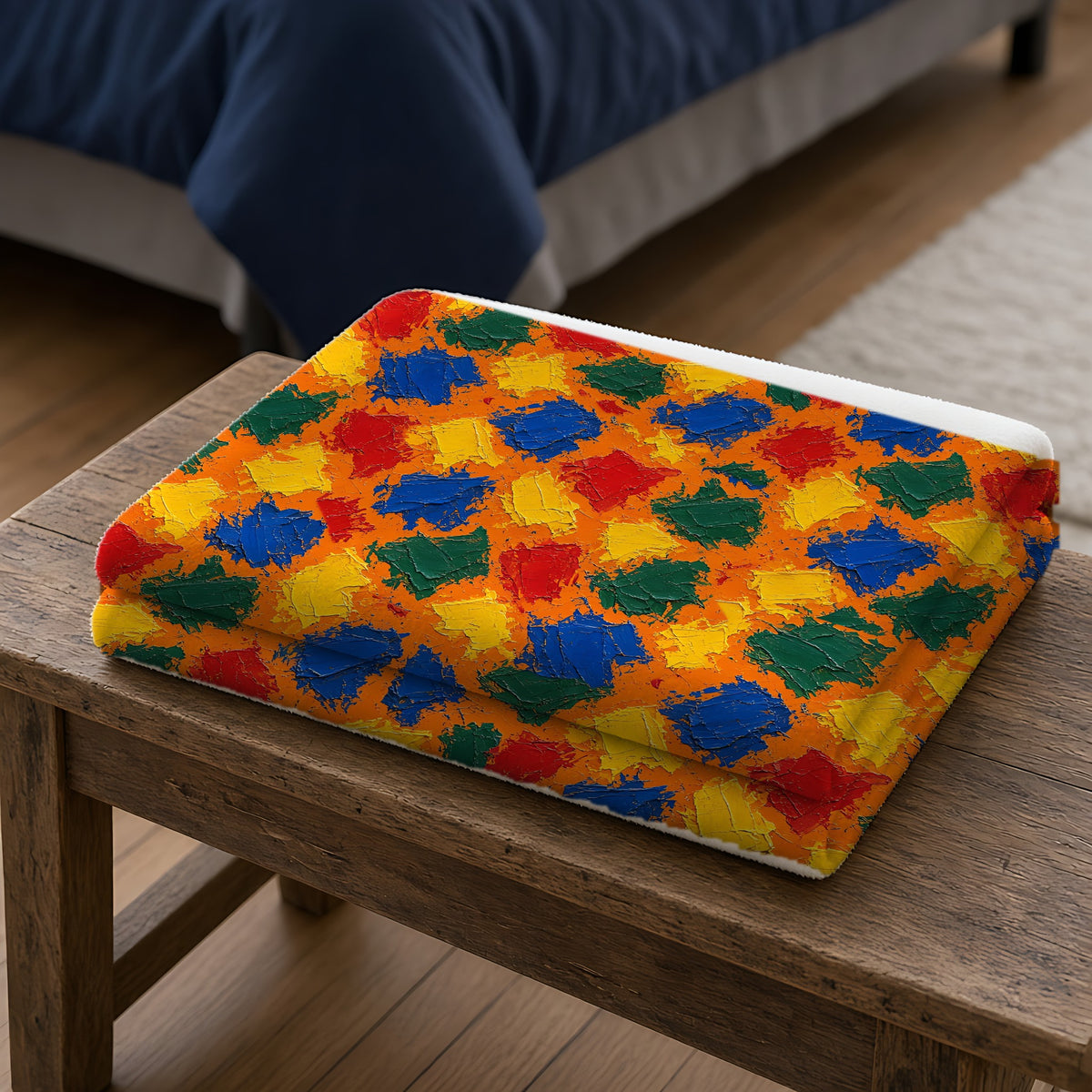Palette Knife Slabs Sherpa Fleece Blanket folded on a wooden bench