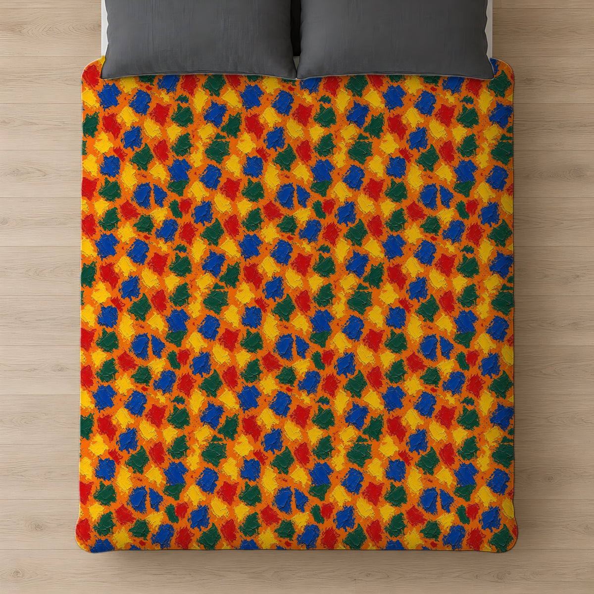 Palette Knife Slabs Cotton Duvet Cover on a bed, seen from above
