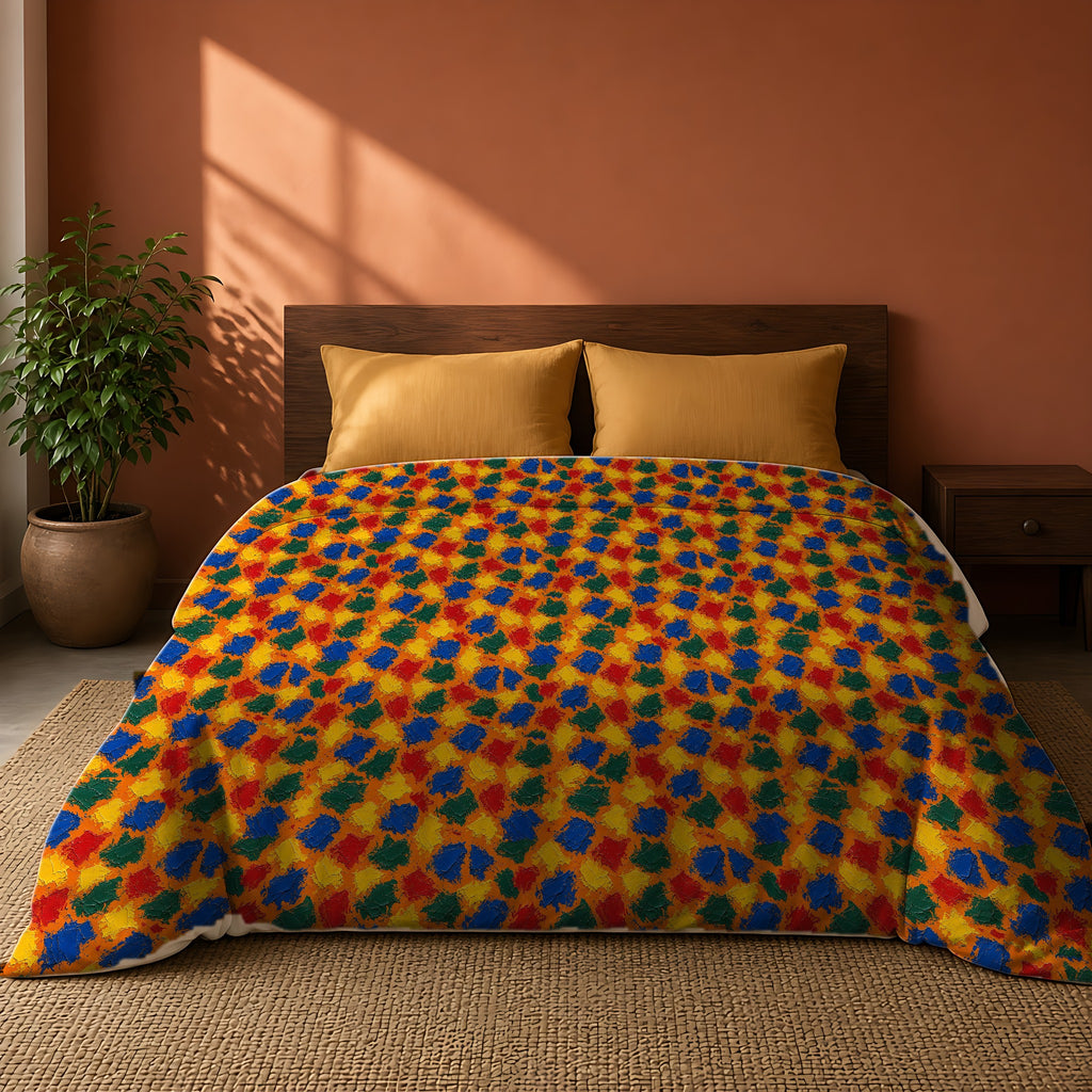 Palette Knife Slabs Cotton Duvet Cover on a king bed against a warm terracotta wall