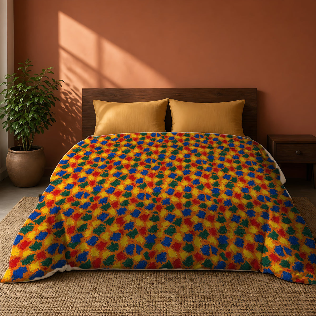 Palette Knife Slabs Cotton Duvet Cover on a king bed against a warm terracotta wall