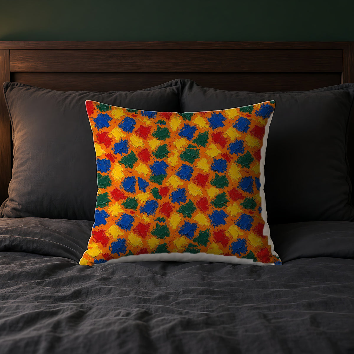 Palette Knife Slabs Faux Suede Cushion on a bed with charcoal bedding