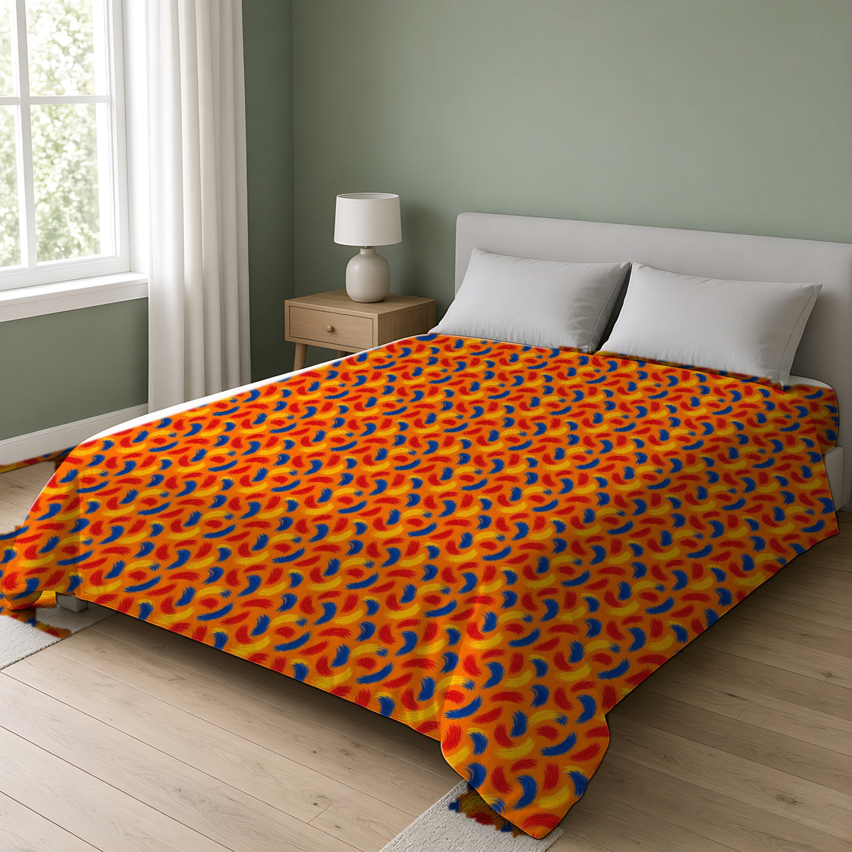 Sweeping Arcs Comforter on a double bed in a bright sage-green bedroom