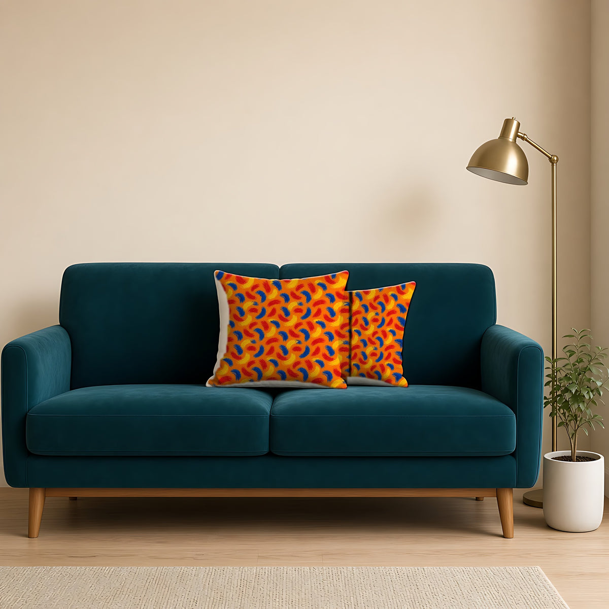 Sweeping Arcs Faux Suede Cushion on a teal velvet sofa
