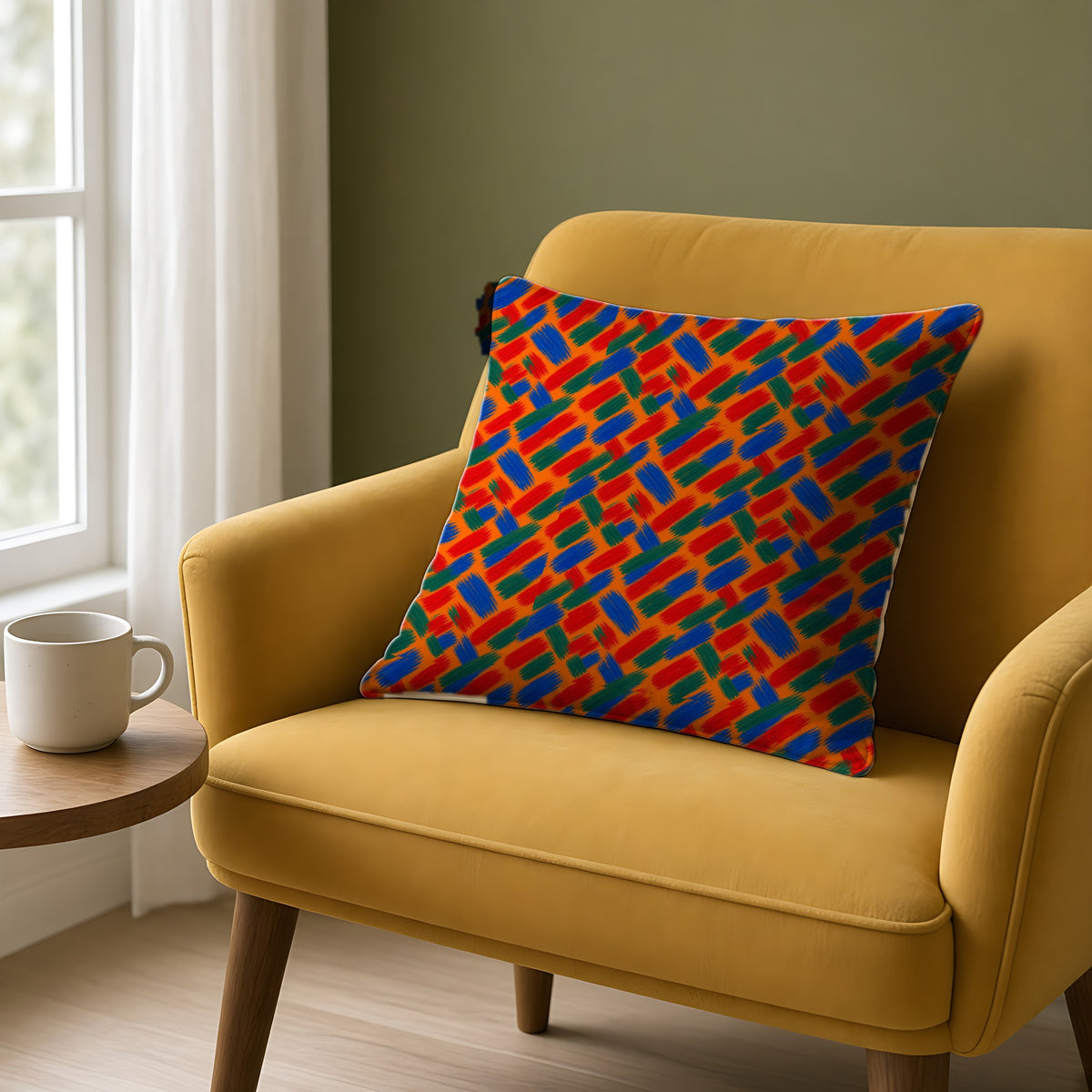 Flat Brush Bands Faux Suede Cushion on a mustard armchair by a window