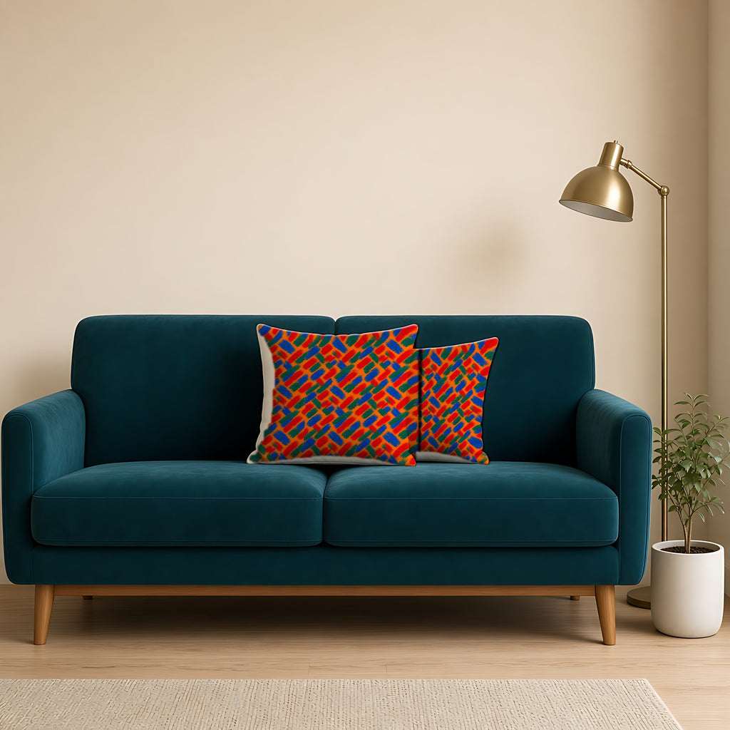 Flat Brush Bands Faux Suede Cushion on a teal velvet sofa