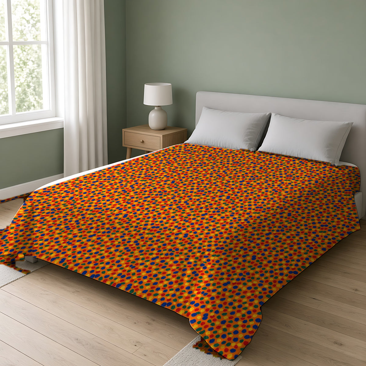 Stippled Dabs Comforter on a double bed in a bright sage-green bedroom
