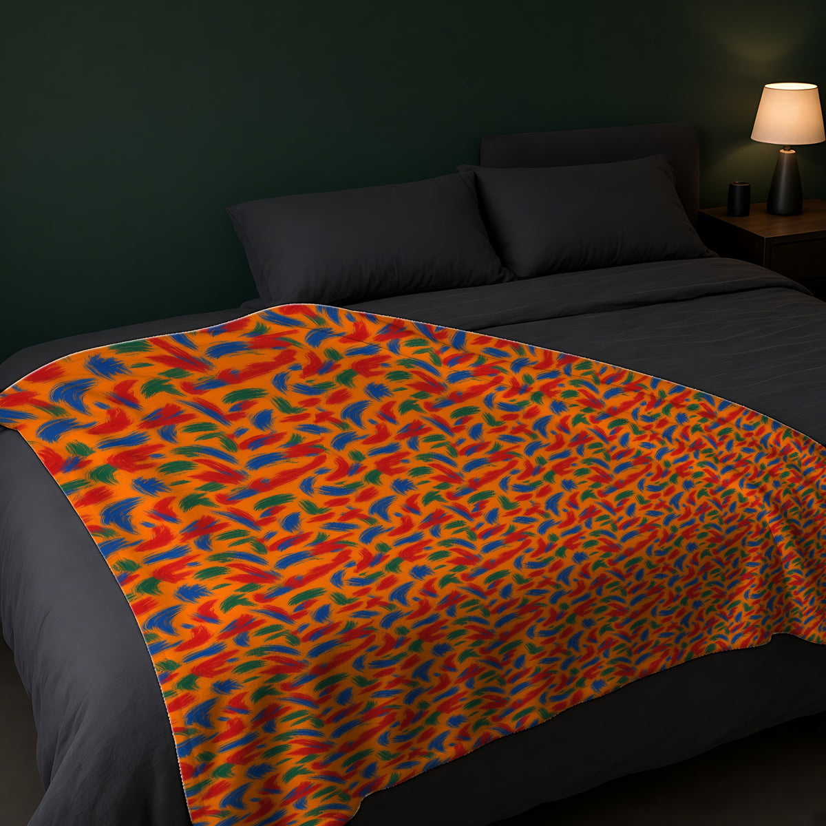 Layered Gesture Scribbles Sherpa Fleece Blanket across the foot of a dark bed