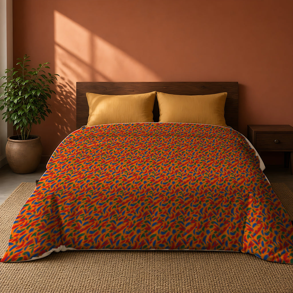 Layered Gesture Scribbles Comforter on a king bed against a warm terracotta wall