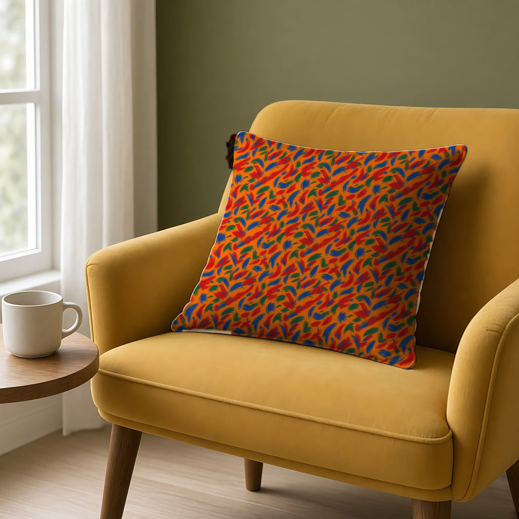Layered Gesture Scribbles Faux Suede Cushion on a mustard armchair by a window