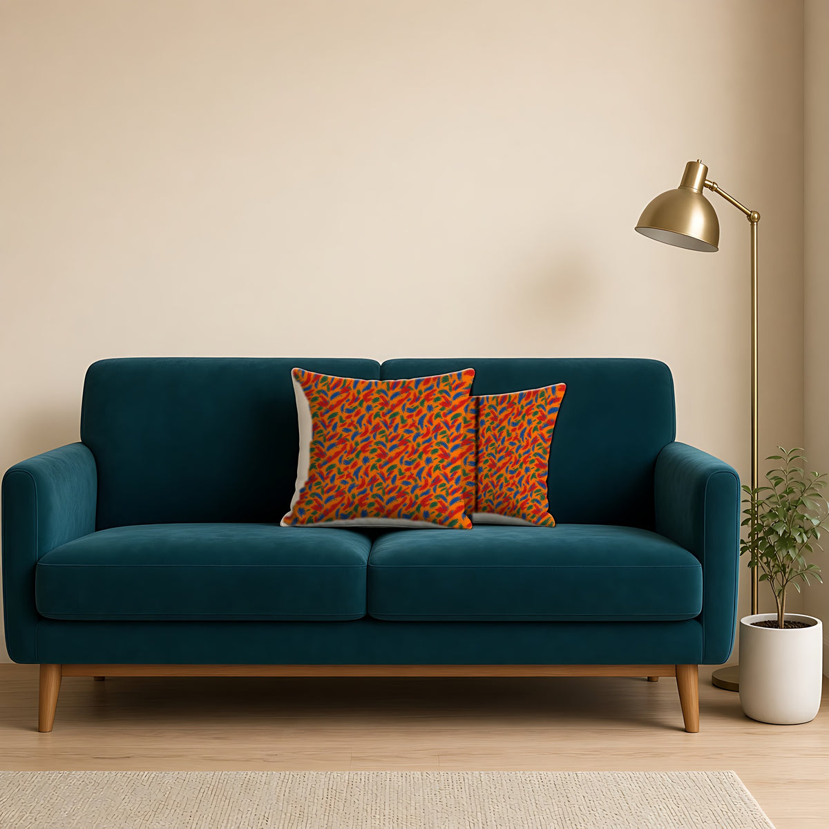 Layered Gesture Scribbles Faux Suede Cushion on a teal velvet sofa