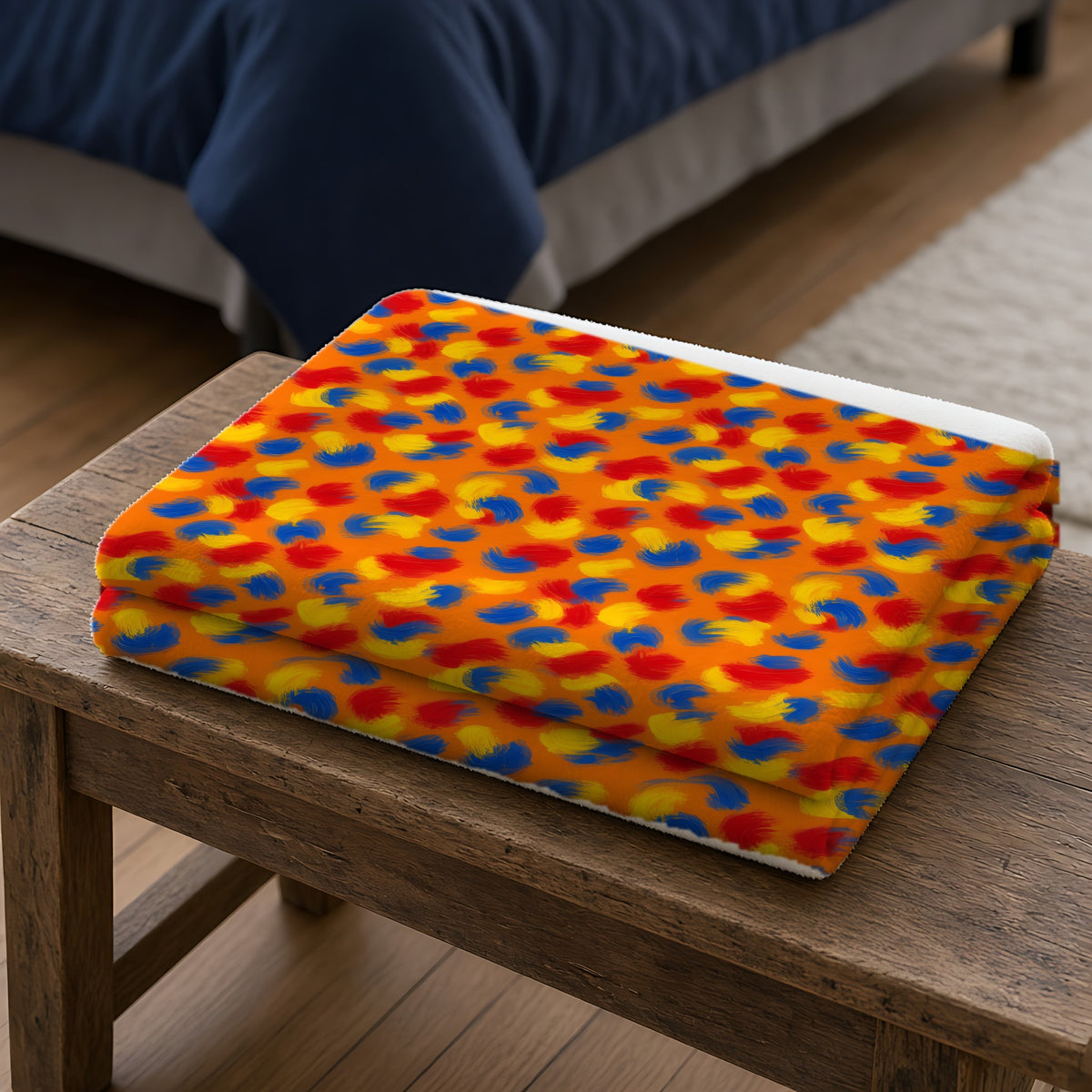 Wet Stroke Blends Sherpa Fleece Blanket folded on a wooden bench