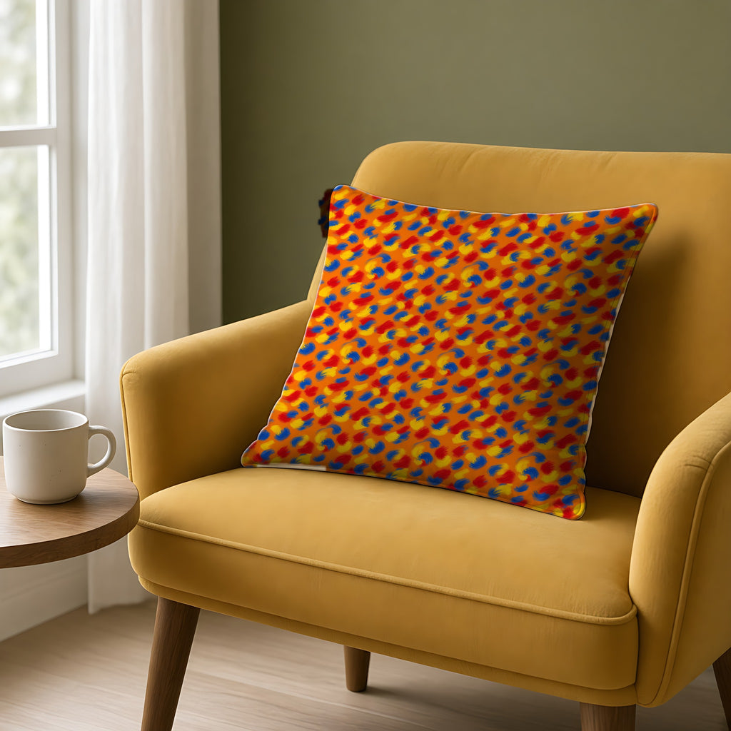 Wet Stroke Blends Faux Suede Cushion on a mustard armchair by a window