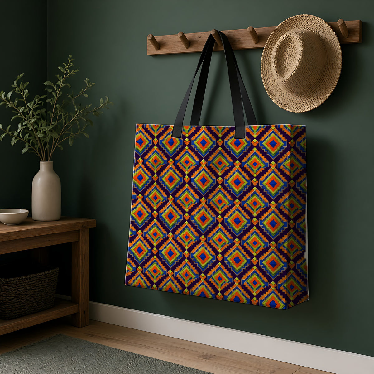 Stepped Diamond Ikat Weekender Tote Bag hanging on a peg rail in a green hallway