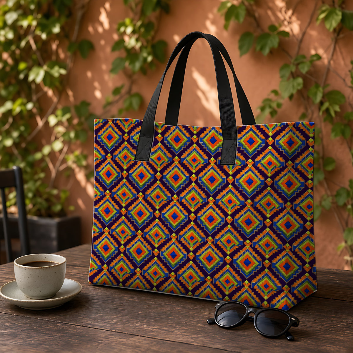Stepped Diamond Ikat Weekender Tote Bag on a garden café table