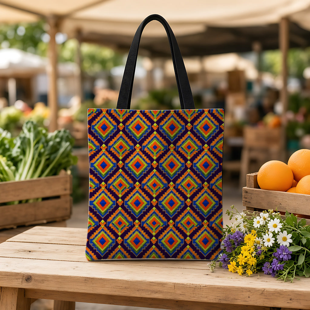 Stepped Diamond Ikat Weekender Tote Bag on a wooden bench at a farmers market