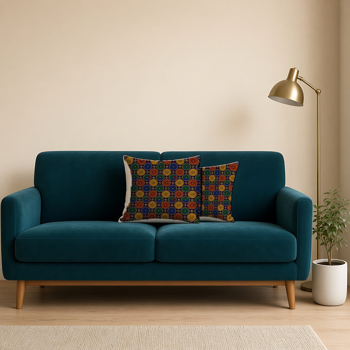 Enamel Parasol Medallions Faux Suede Cushion on a teal velvet sofa
