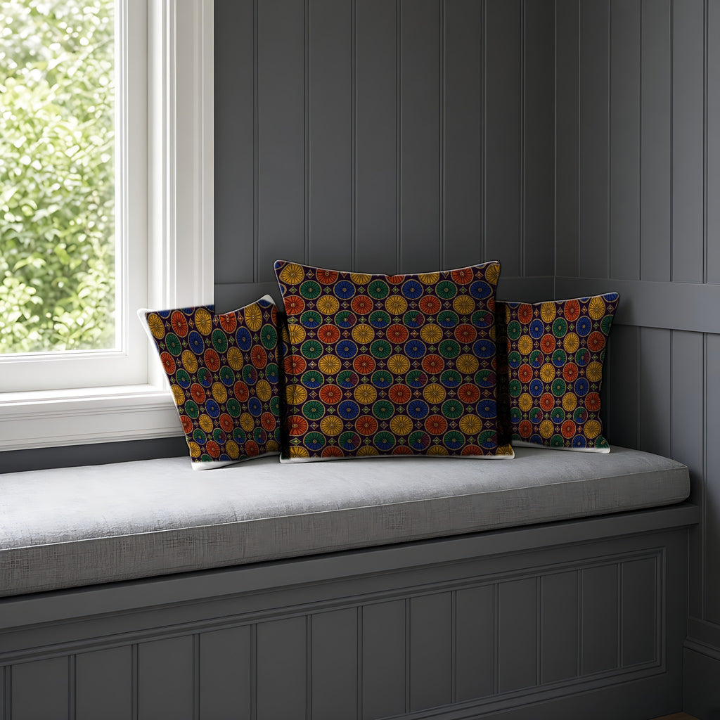Enamel Parasol Medallions Faux Suede Cushion on a window seat