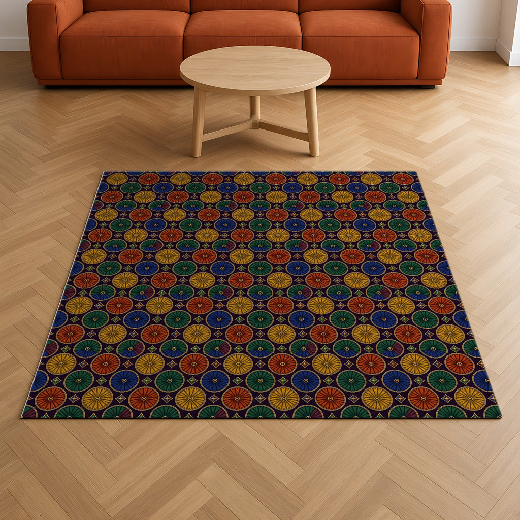 Enamel Parasol Medallions Outdoor Rug on a herringbone wood floor in a living room