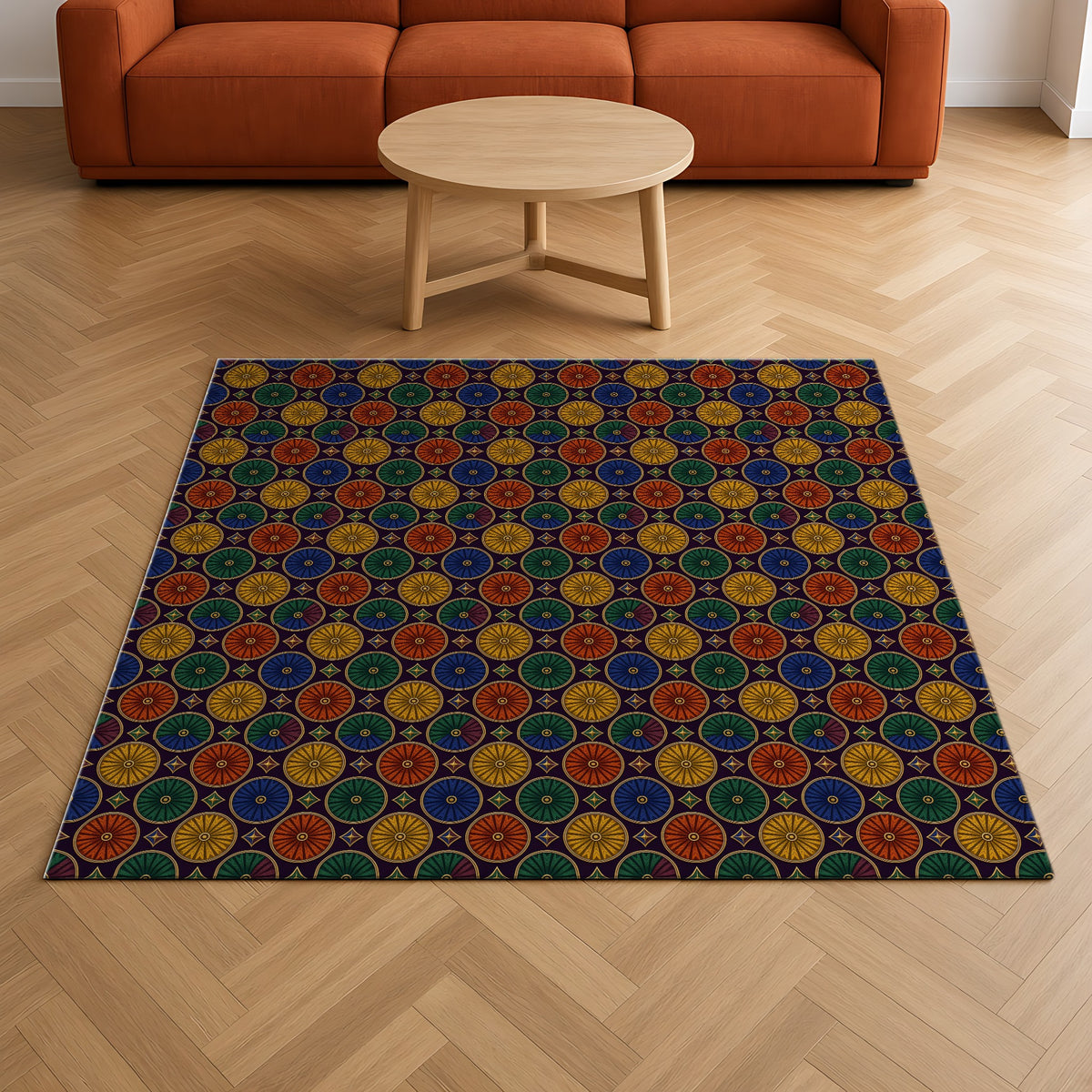 Enamel Parasol Medallions Outdoor Rug on a herringbone wood floor in a living room