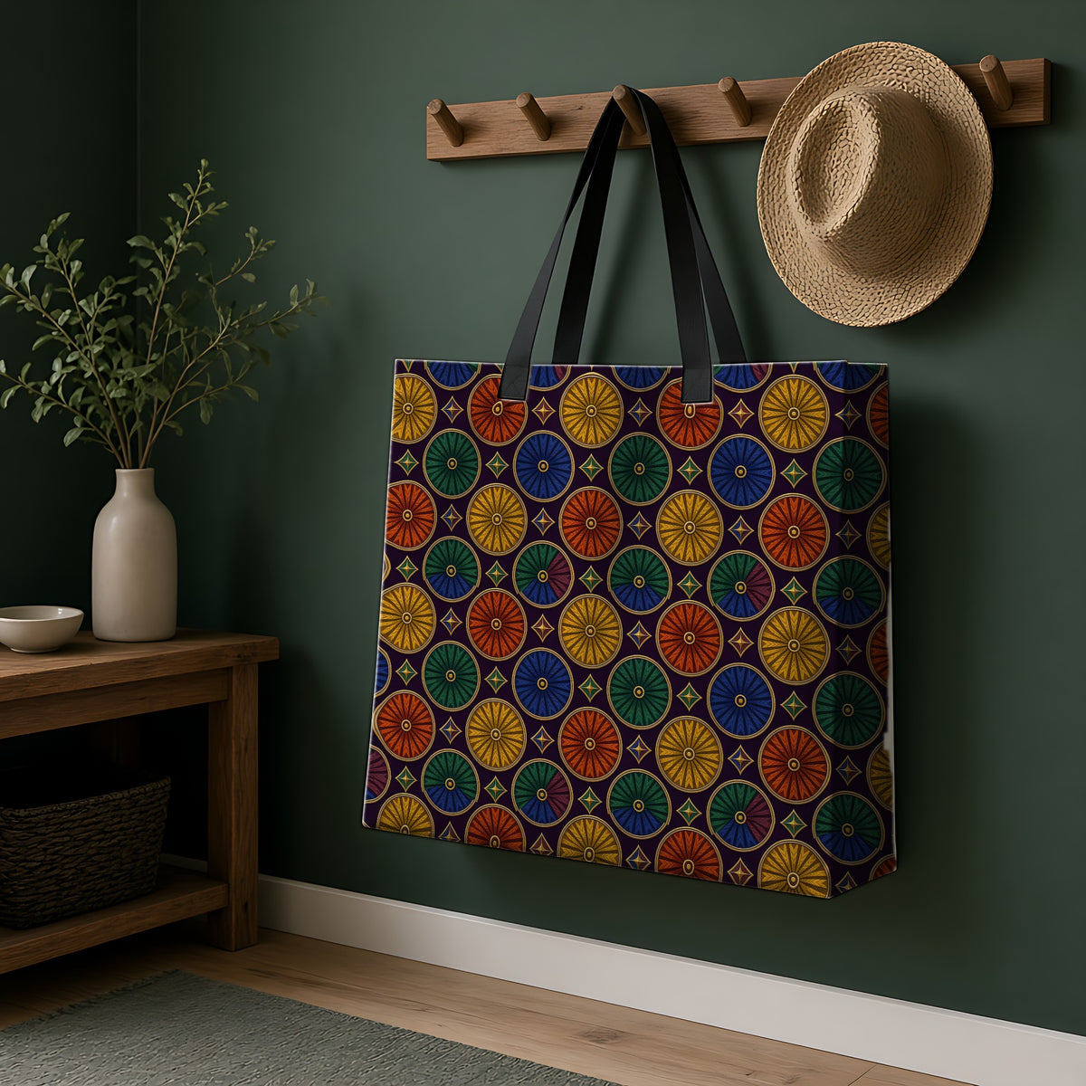Enamel Parasol Medallions Weekender Tote Bag hanging on a peg rail in a green hallway