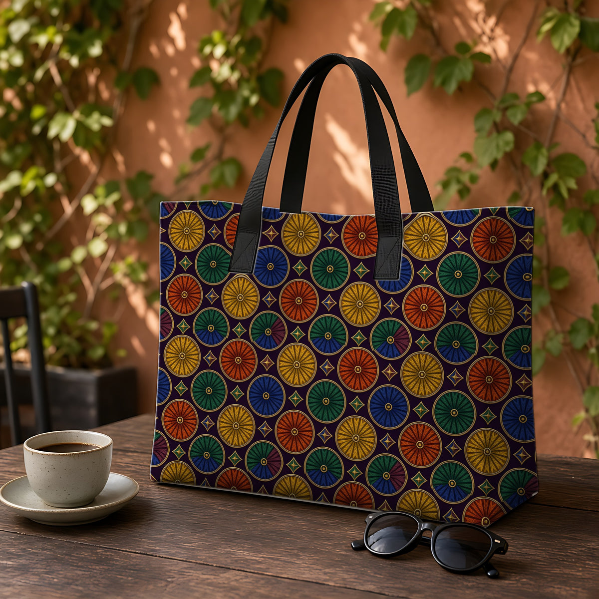 Enamel Parasol Medallions Weekender Tote Bag on a garden café table