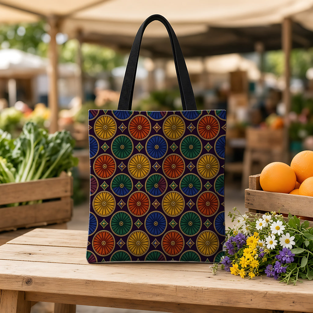 Enamel Parasol Medallions Weekender Tote Bag on a wooden bench at a farmers market