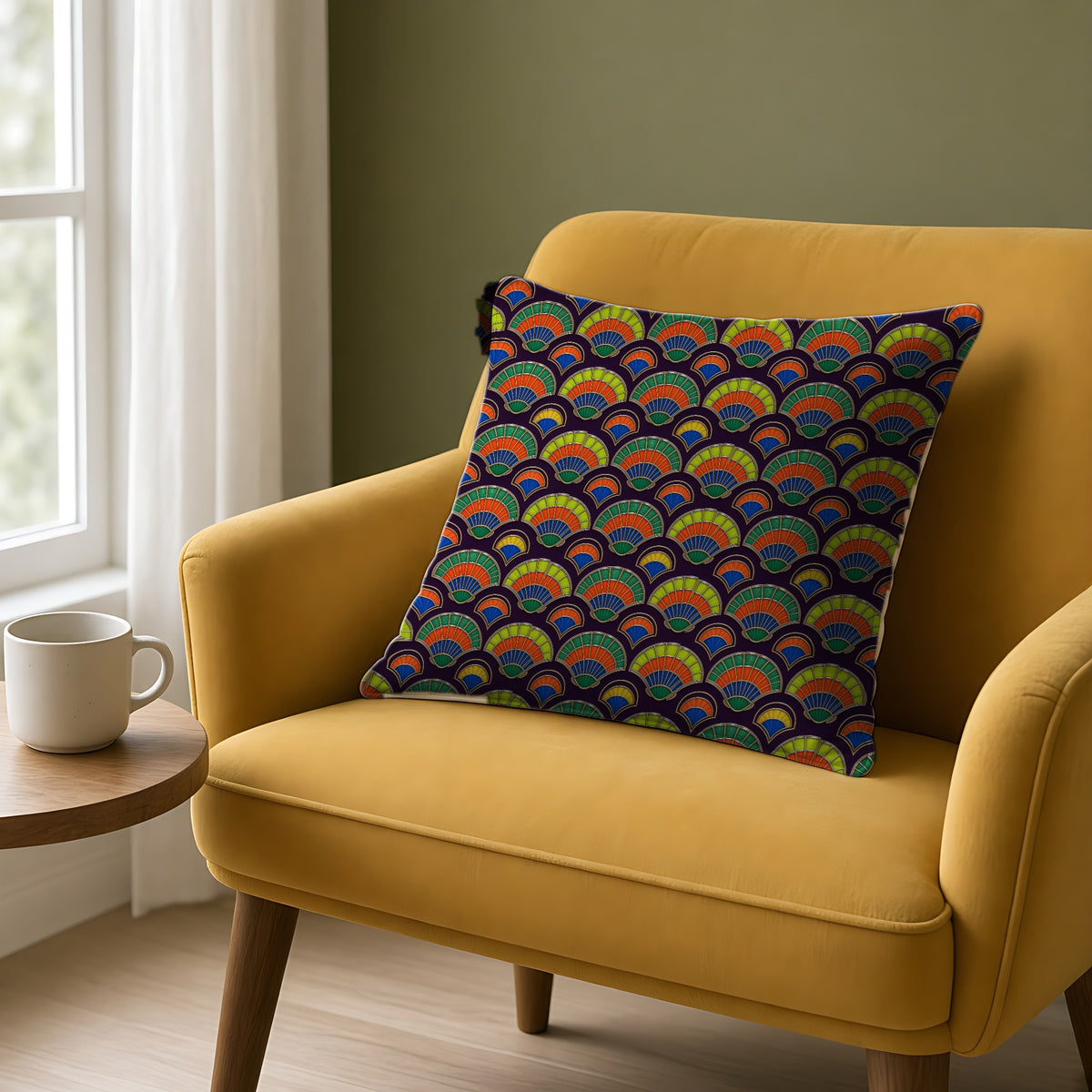Deco Fan Scales Faux Suede Cushion on a mustard armchair by a window