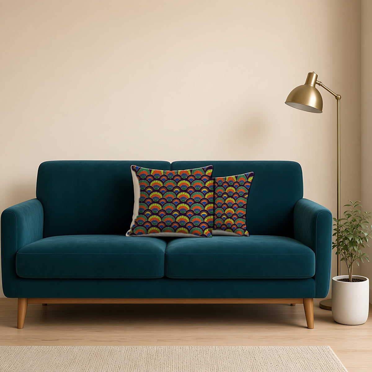 Deco Fan Scales Faux Suede Cushion on a teal velvet sofa