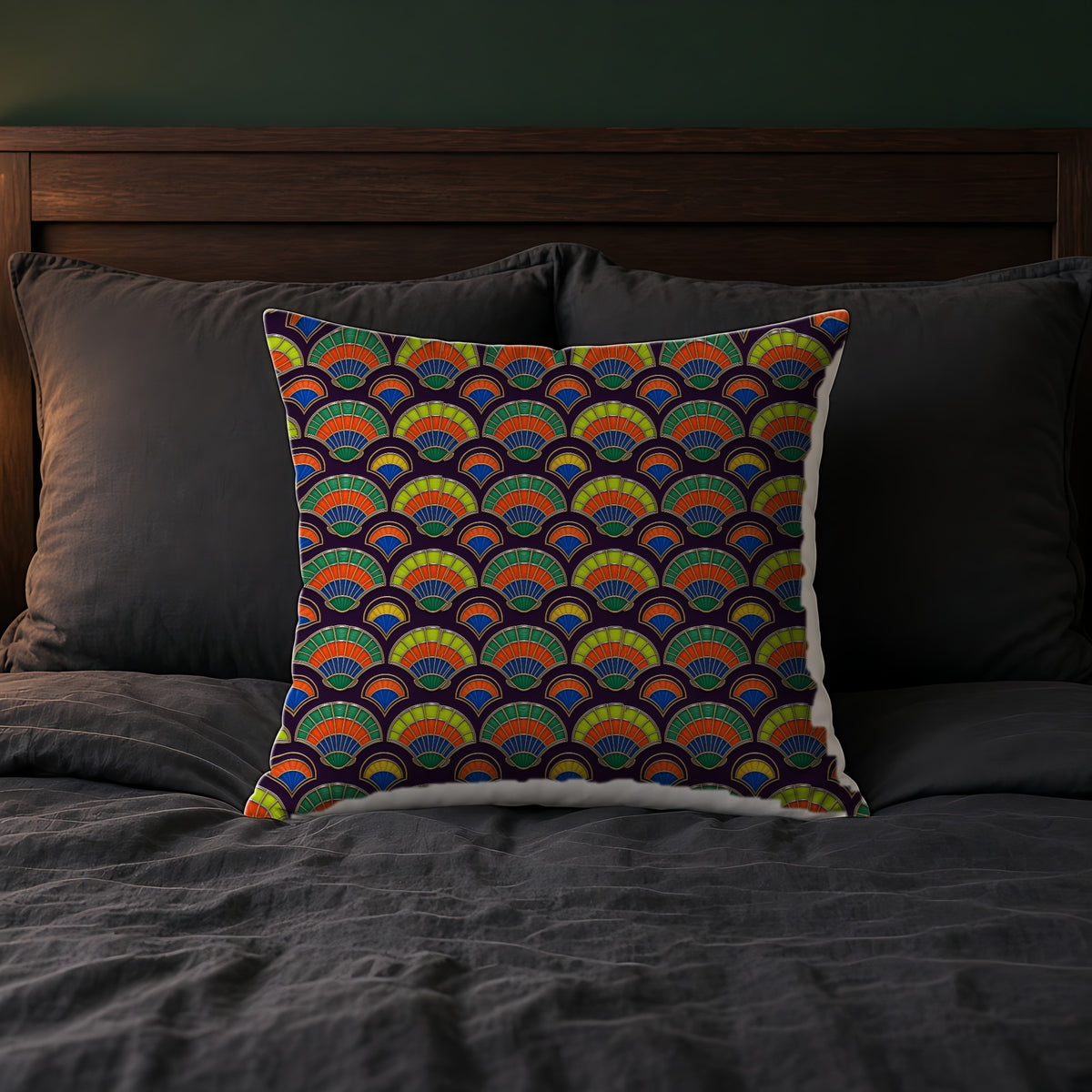 Deco Fan Scales Faux Suede Cushion on a bed with charcoal bedding