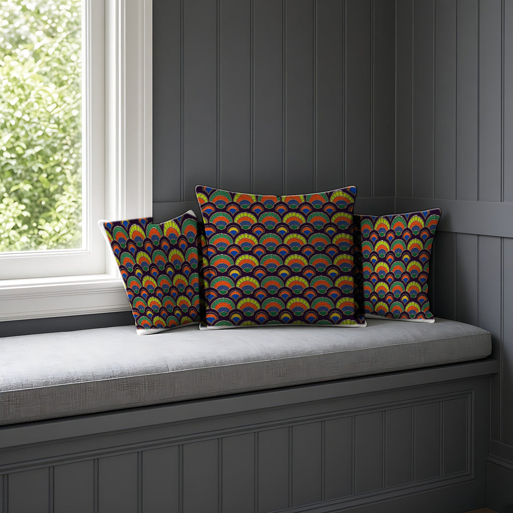 Deco Fan Scales Faux Suede Cushion on a window seat