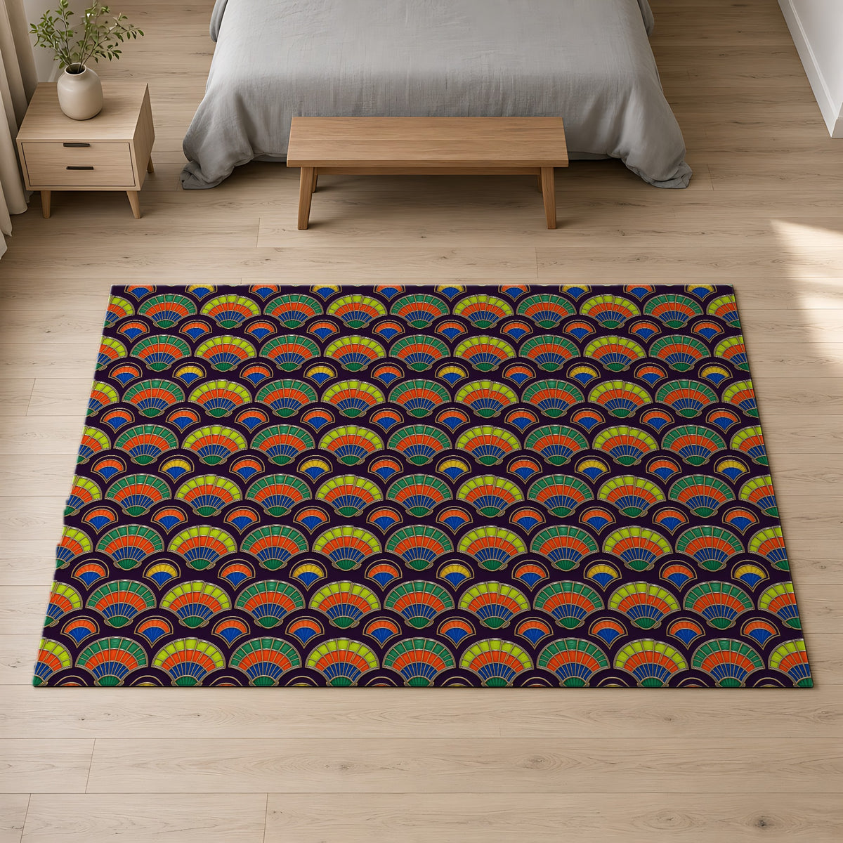 Deco Fan Scales Outdoor Rug on a pale oak floor in a calm bedroom
