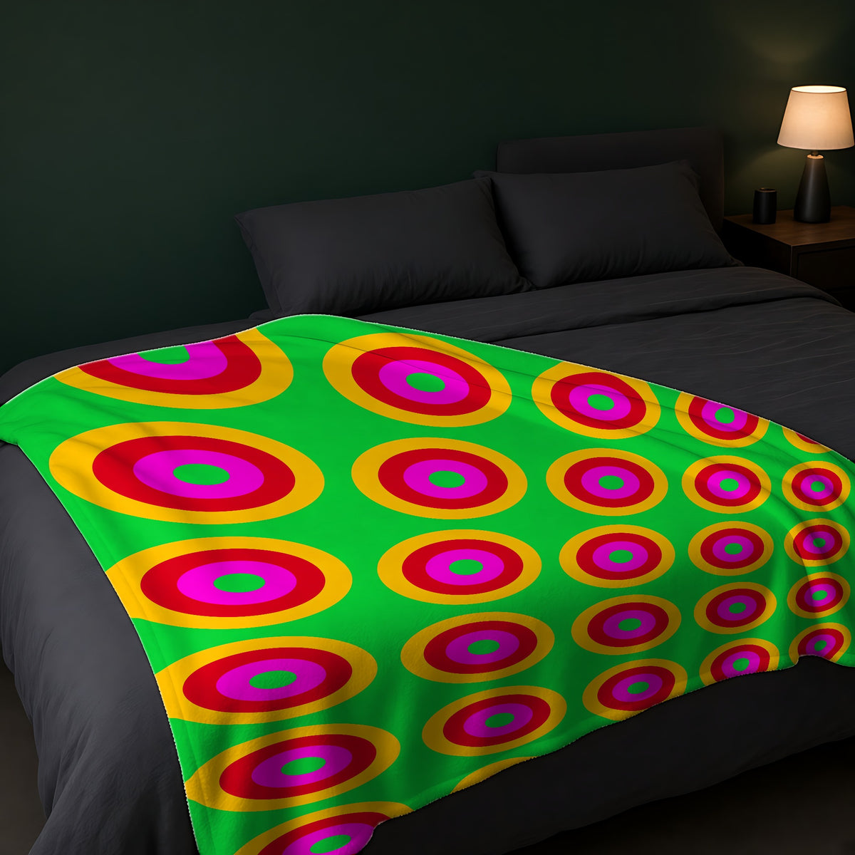 Giant Op-Art Jewel Rings Sherpa Fleece Blanket across the foot of a dark bed