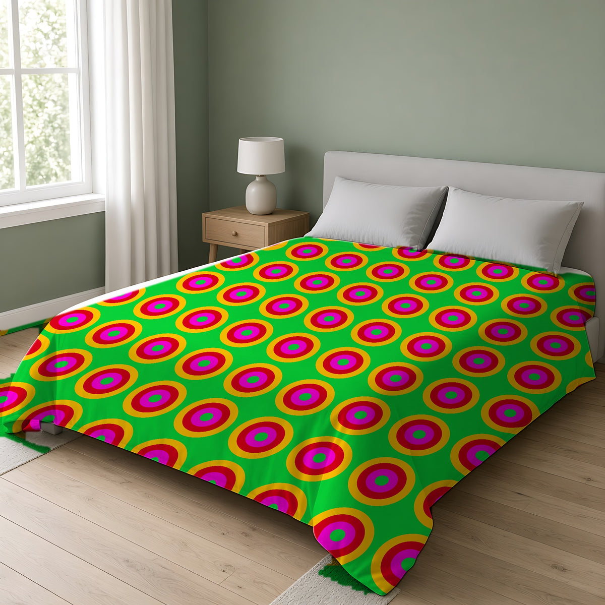 Giant Op-Art Jewel Rings Cotton Duvet Cover on a double bed in a bright sage-green bedroom